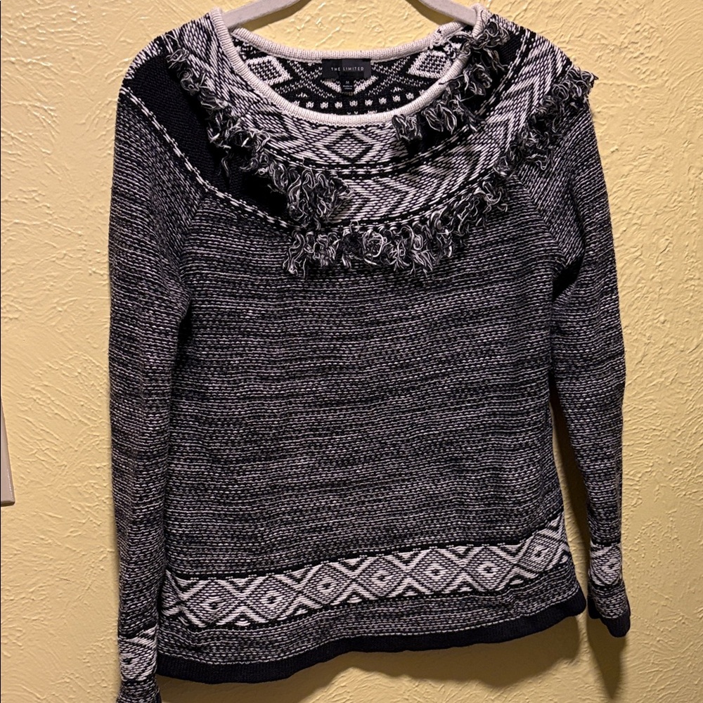 The Limited Black & White Fringe Cowl Sweater